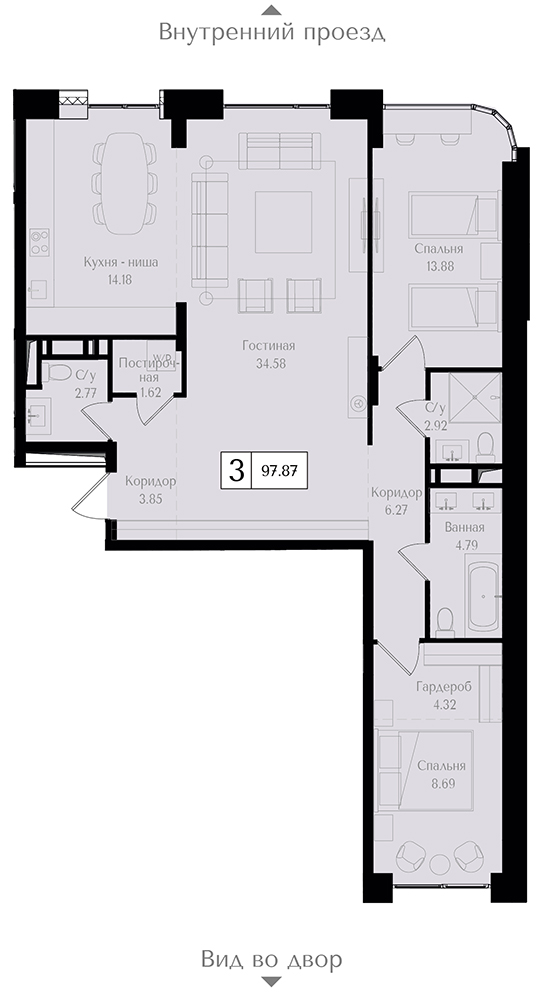 3 комн. квартира, 97.9 м², 3 этаж 