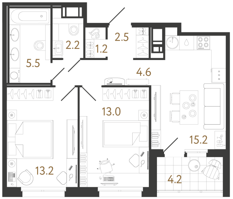 2 комн. квартира, 57.4 м², 8 этаж 