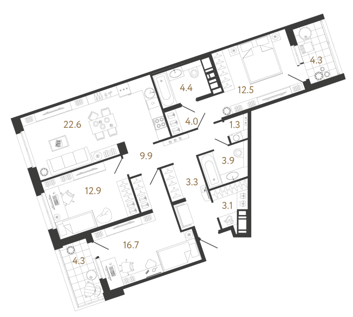 3 комн. квартира, 94.6 м², 7 этаж 