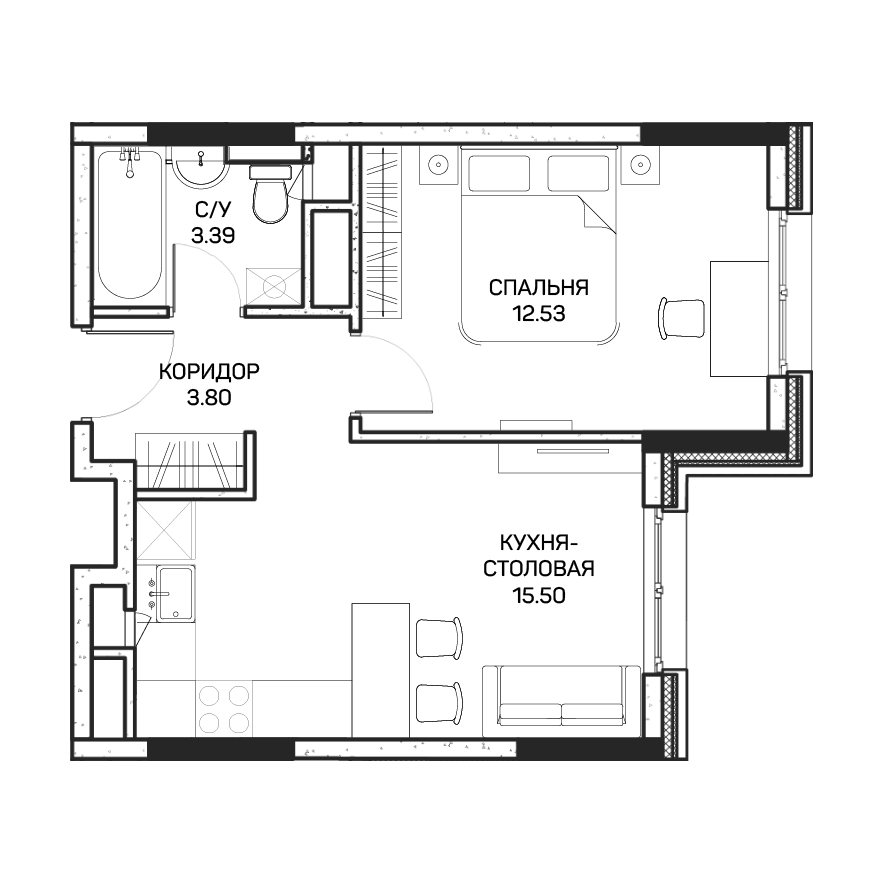 1 комн. квартира, 35.6 м², 6 этаж 