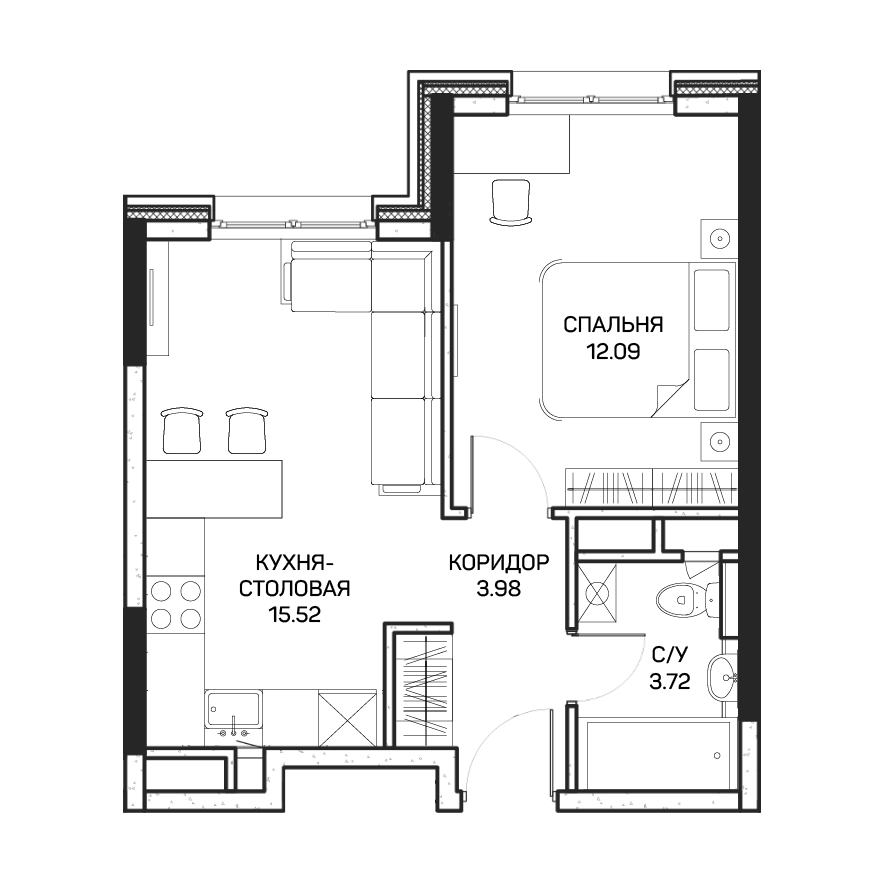 1 комн. квартира, 35.7 м², 6 этаж 