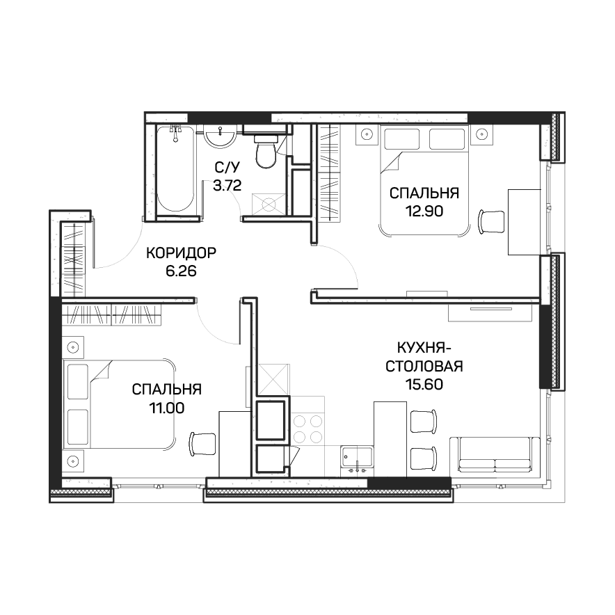 2 комн. квартира, 49.6 м², 4 этаж 