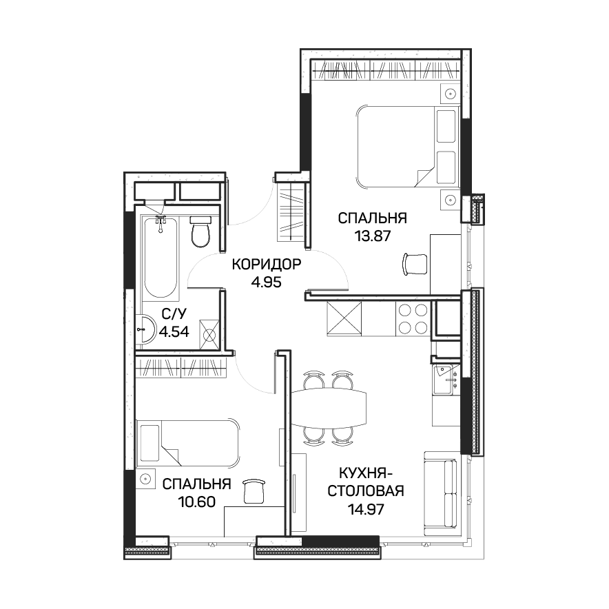 2 комн. квартира, 49 м², 2 этаж 