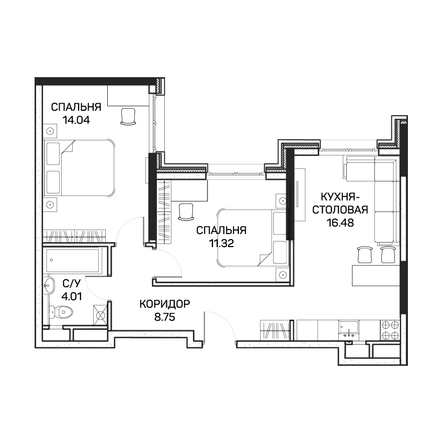 2 комн. квартира, 54.5 м², 7 этаж 