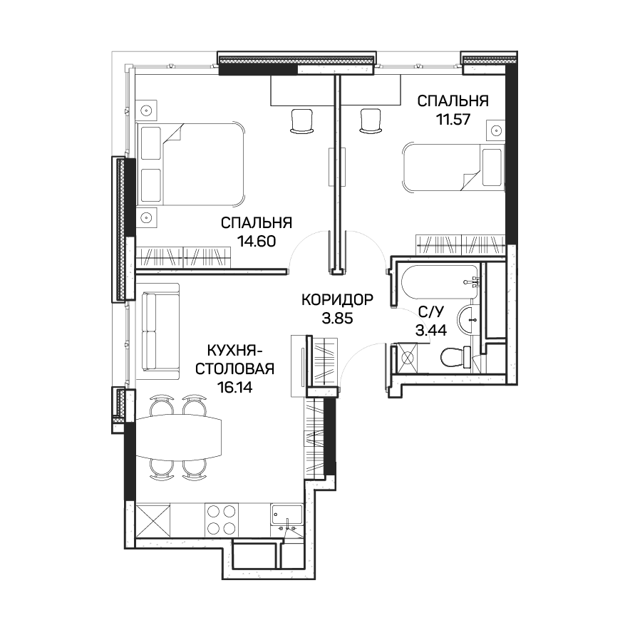 2 комн. квартира, 49.3 м², 8 этаж 