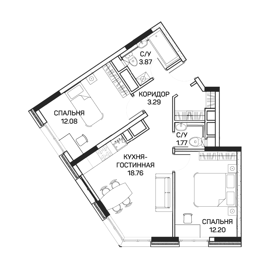 2 комн. квартира, 54.5 м², 7 этаж 