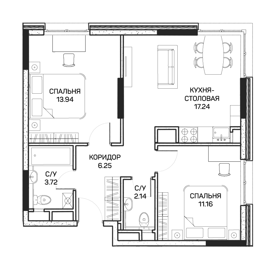 2 комн. квартира, 54.5 м², 8 этаж 