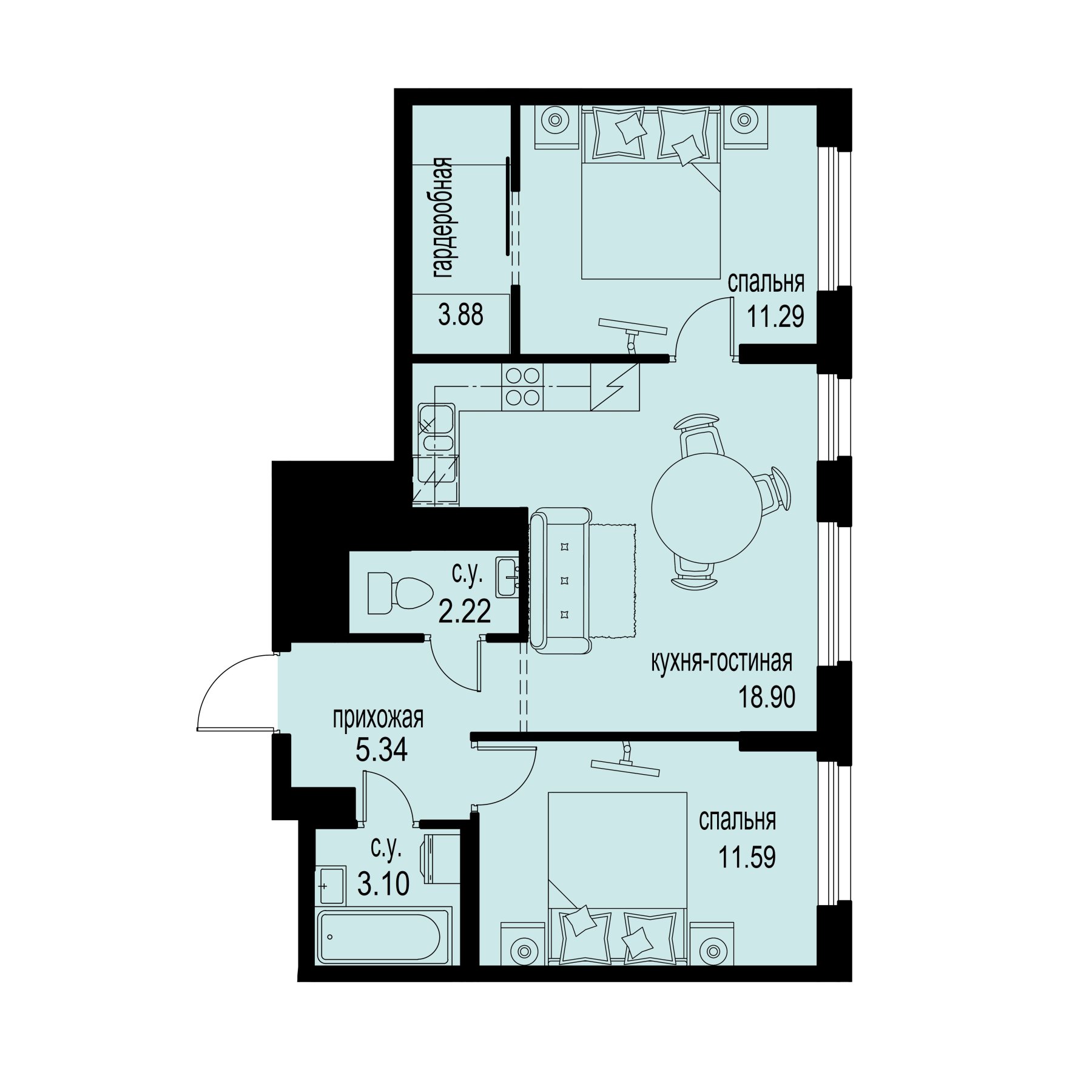 2 комн. квартира, 56.3 м², 3 этаж 