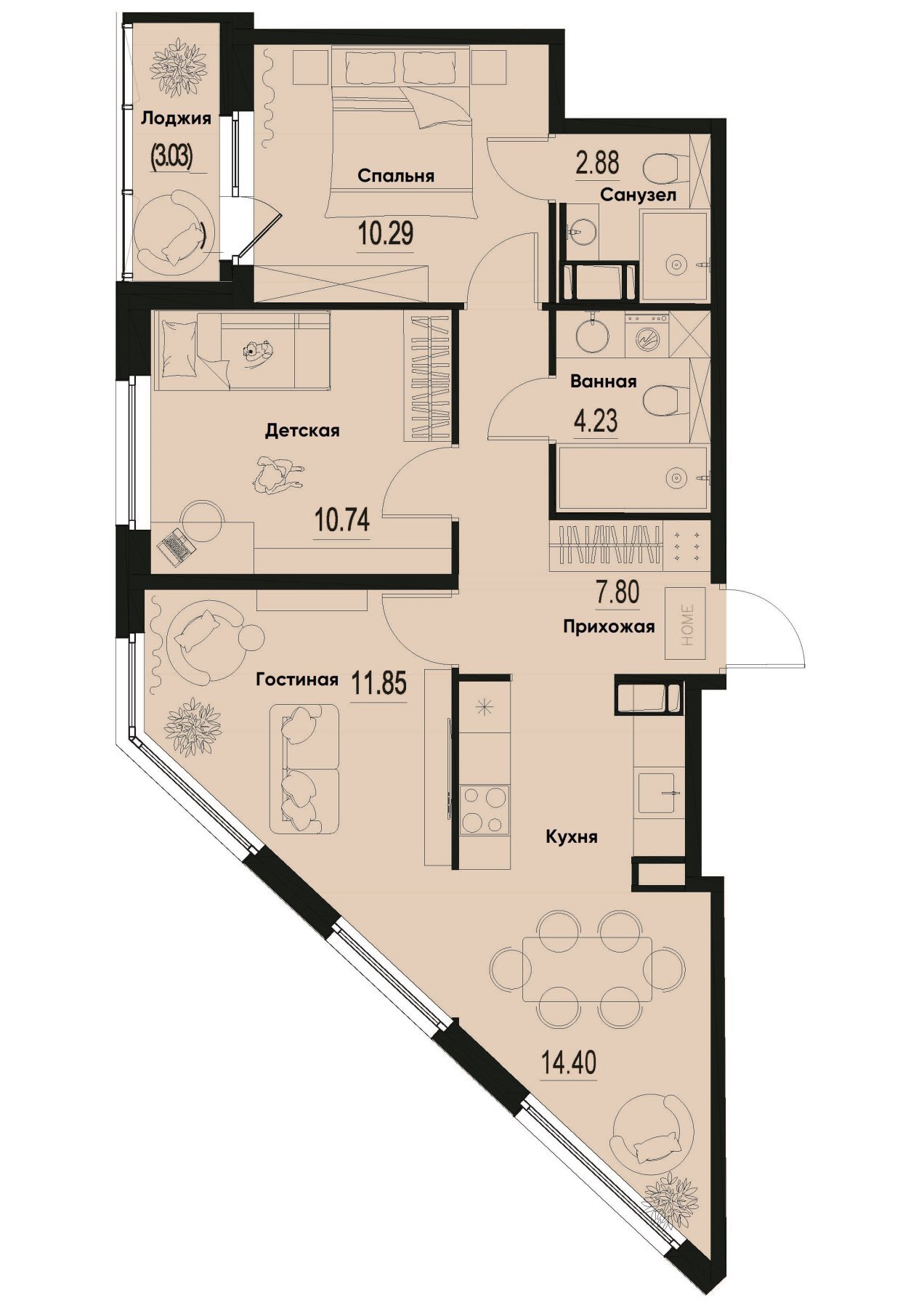 3 комн. квартира, 63.7 м², 3 этаж 