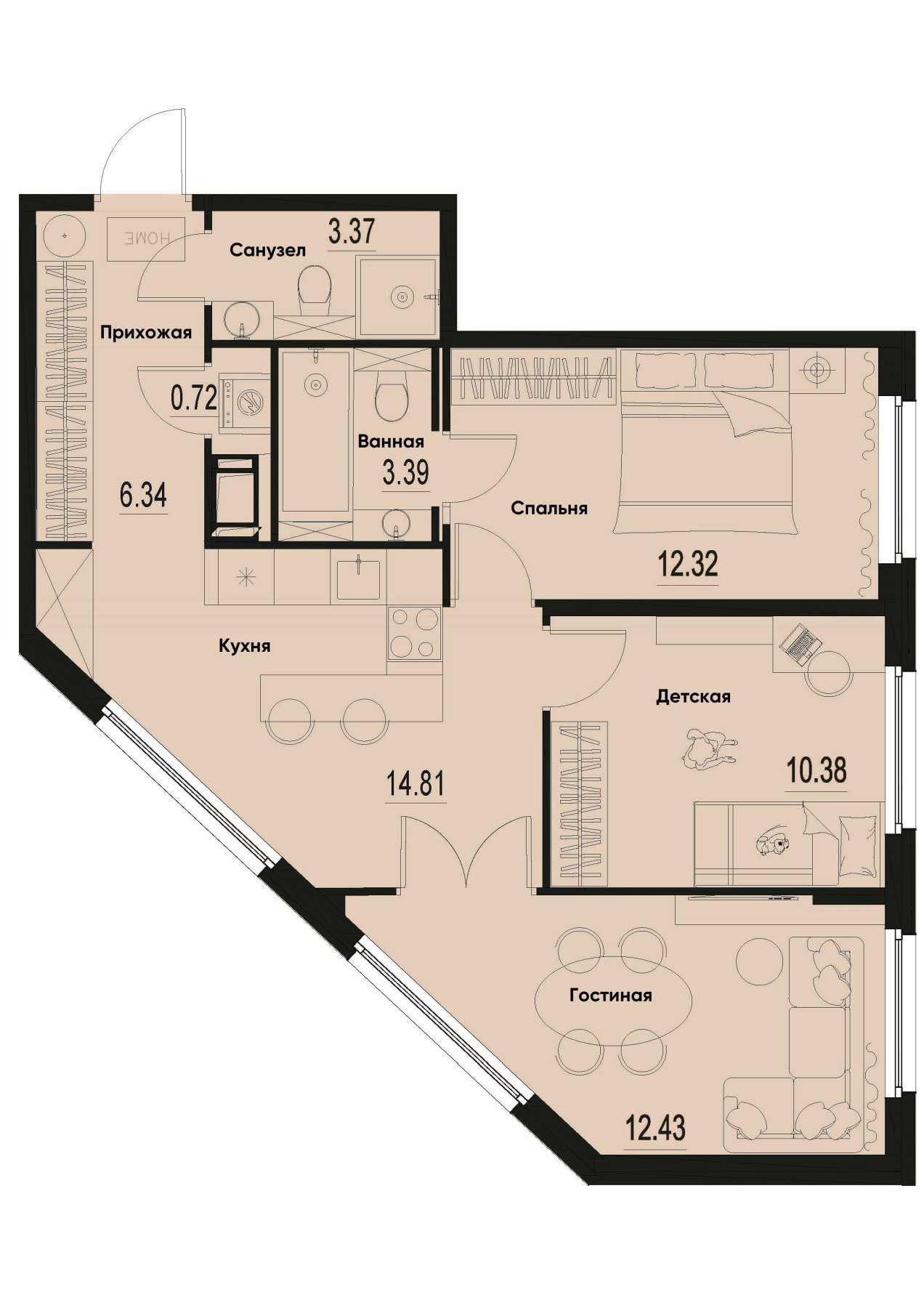3 комн. квартира, 63.8 м², 2 этаж 
