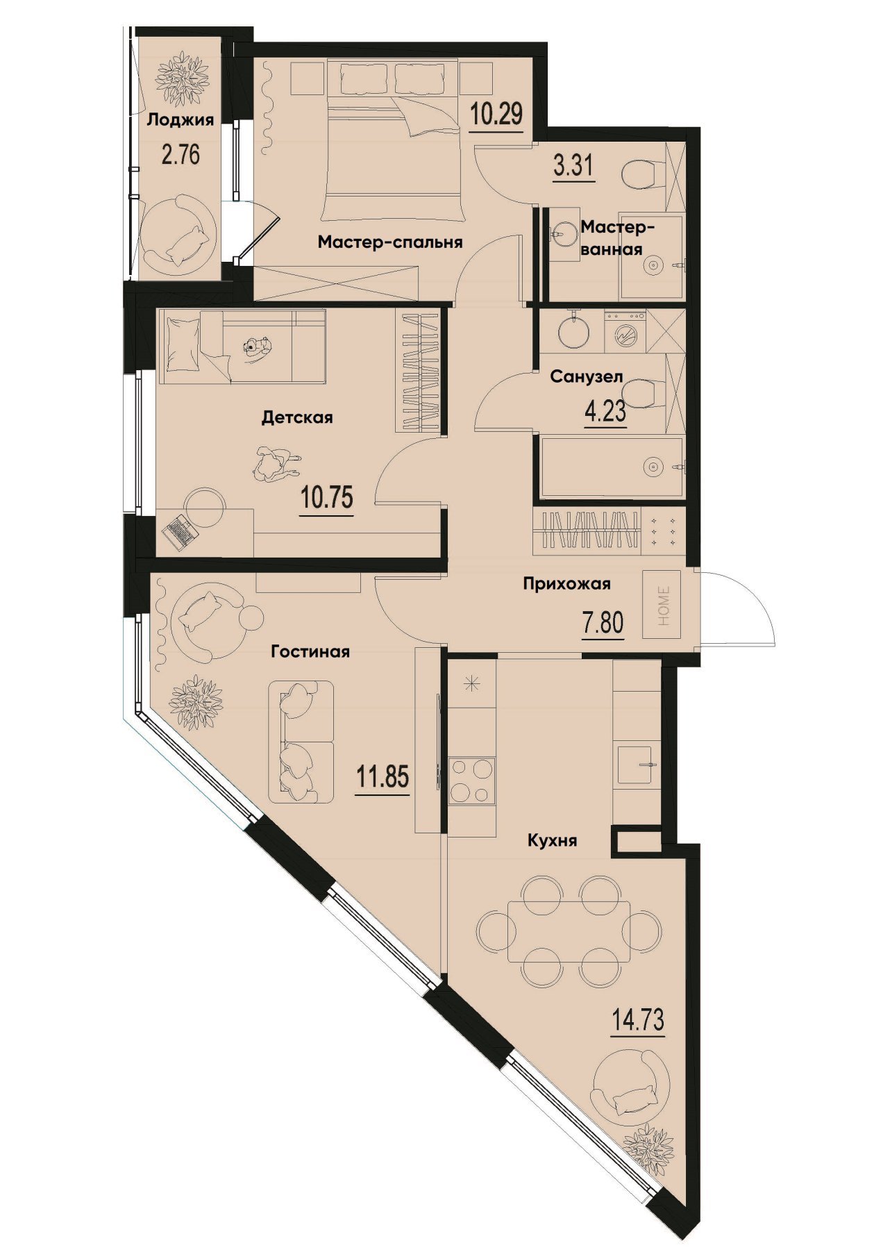 3 комн. квартира, 64.3 м², 1 этаж 
