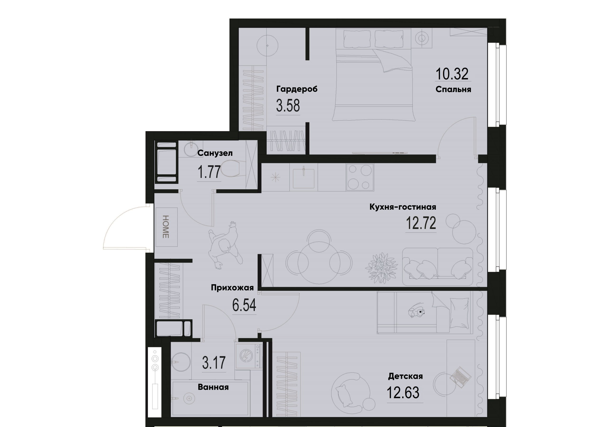 2 комн. квартира, 50.7 м², 3 этаж 