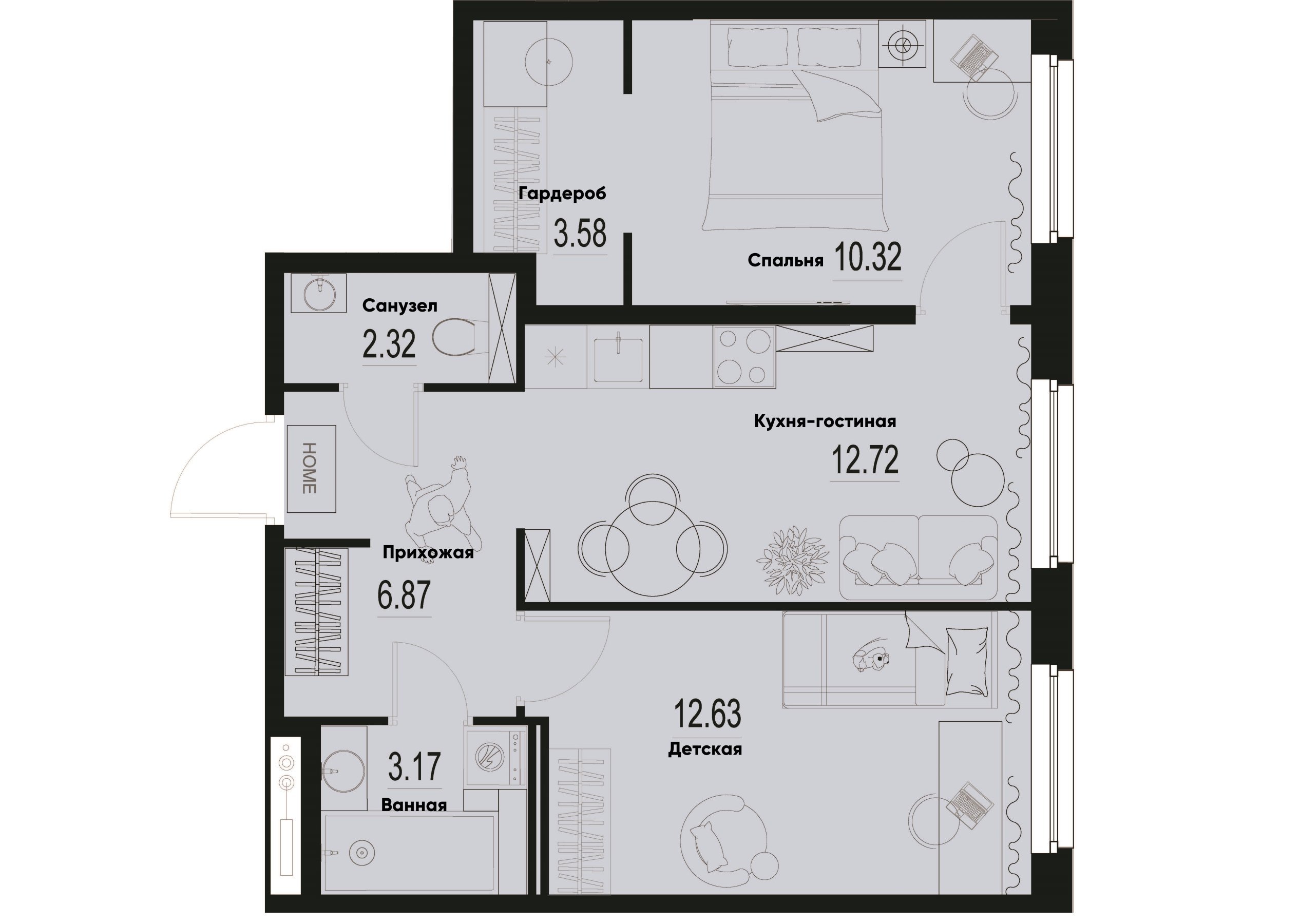 2 комн. квартира, 51.6 м², 2 этаж 