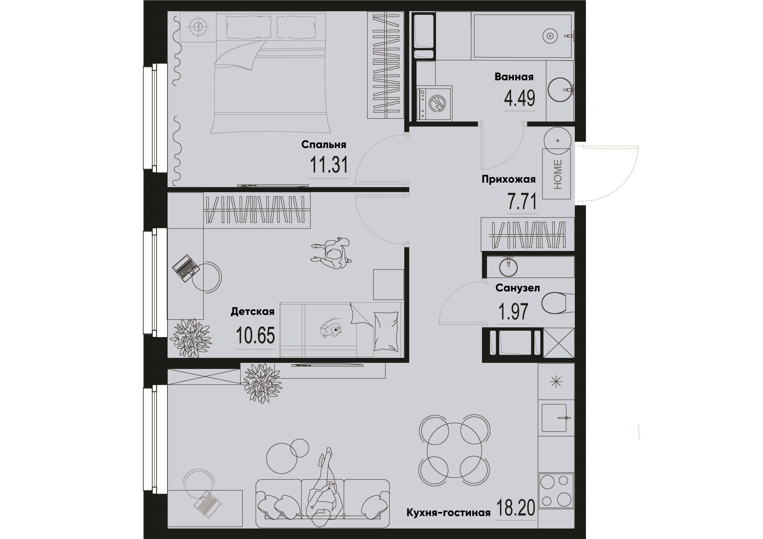 2 комн. квартира, 54.3 м², 2 этаж 