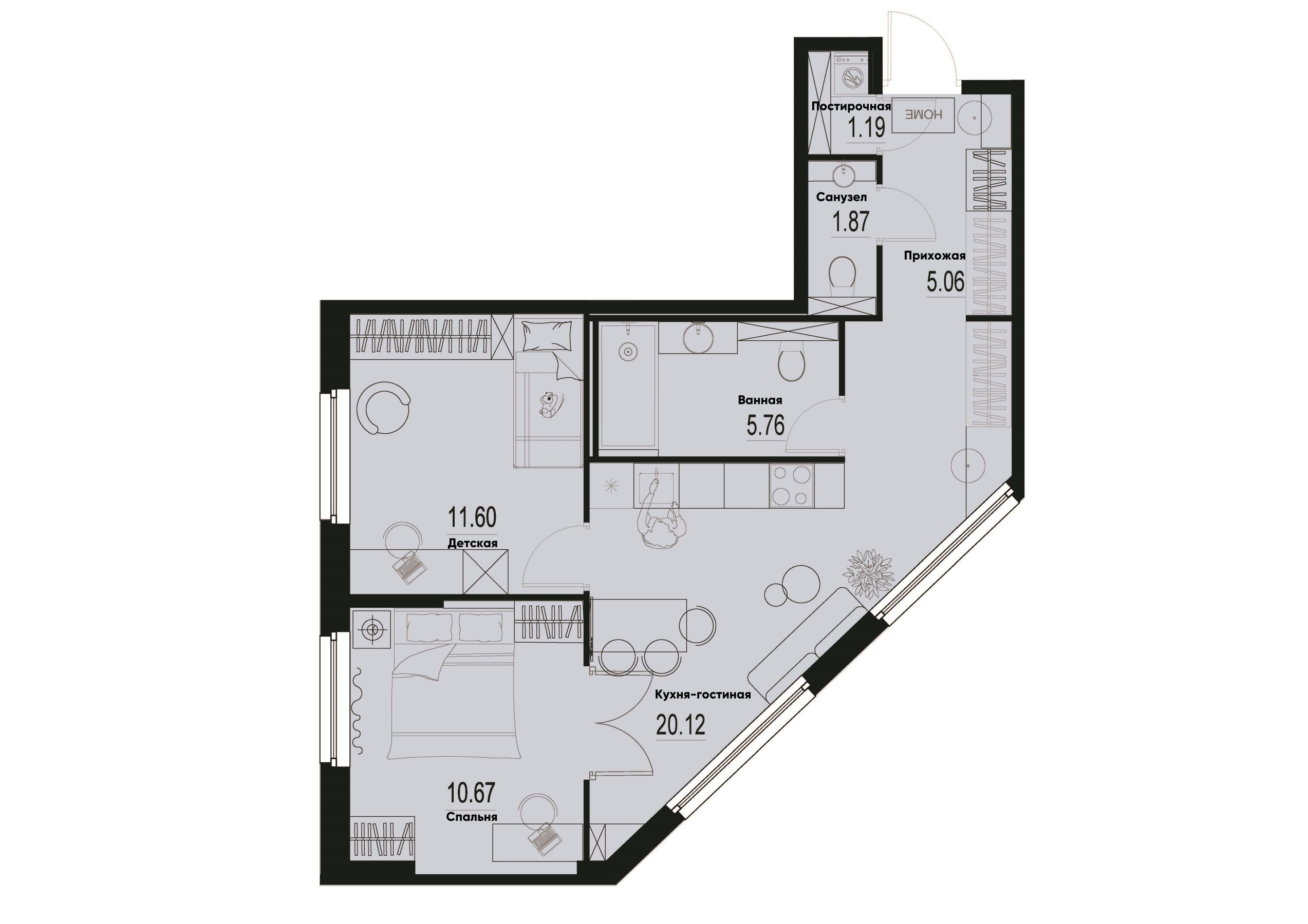 2 комн. квартира, 56.3 м², 2 этаж 