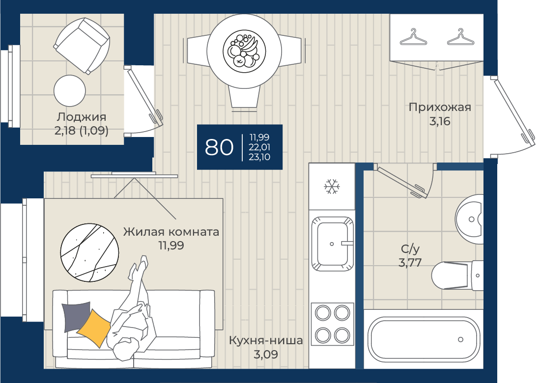 1 комн. квартира, 23.1 м², 1 этаж 