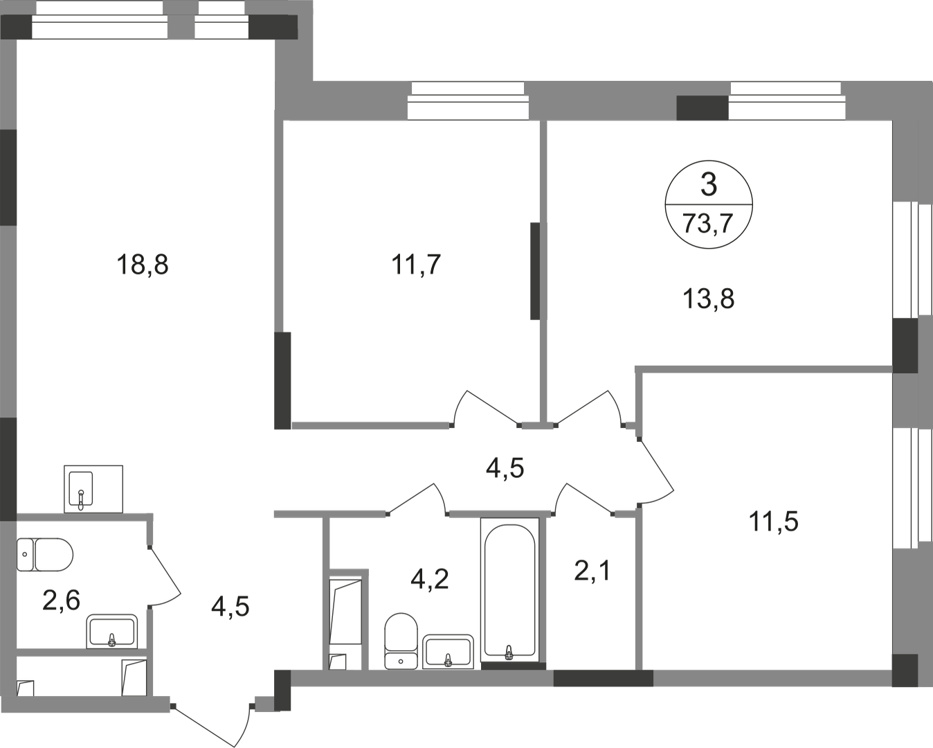 3 комн. квартира, 73.7 м², 10 этаж  (из 19)