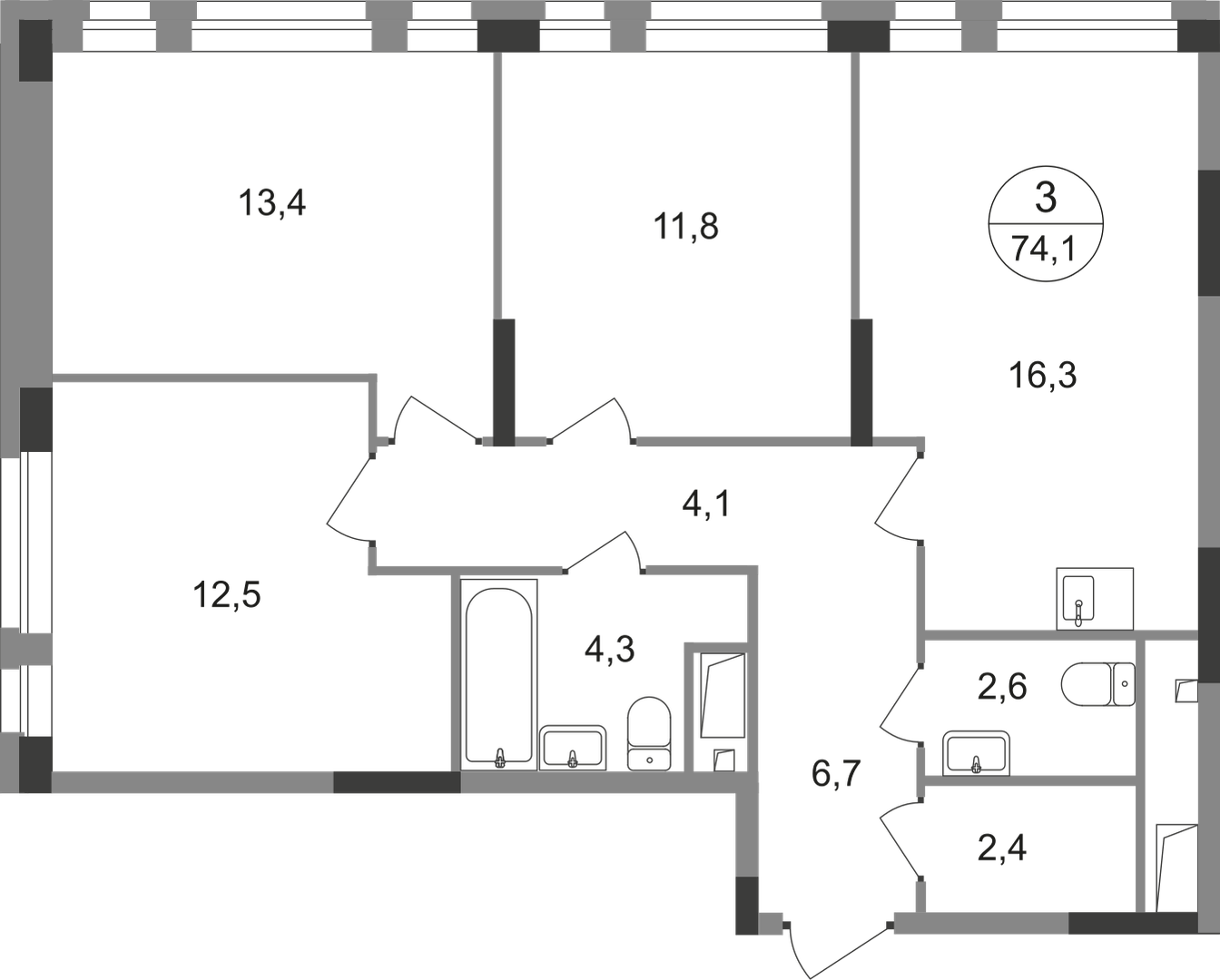 3 комн. квартира, 74.1 м², 17 этаж  (из 19)