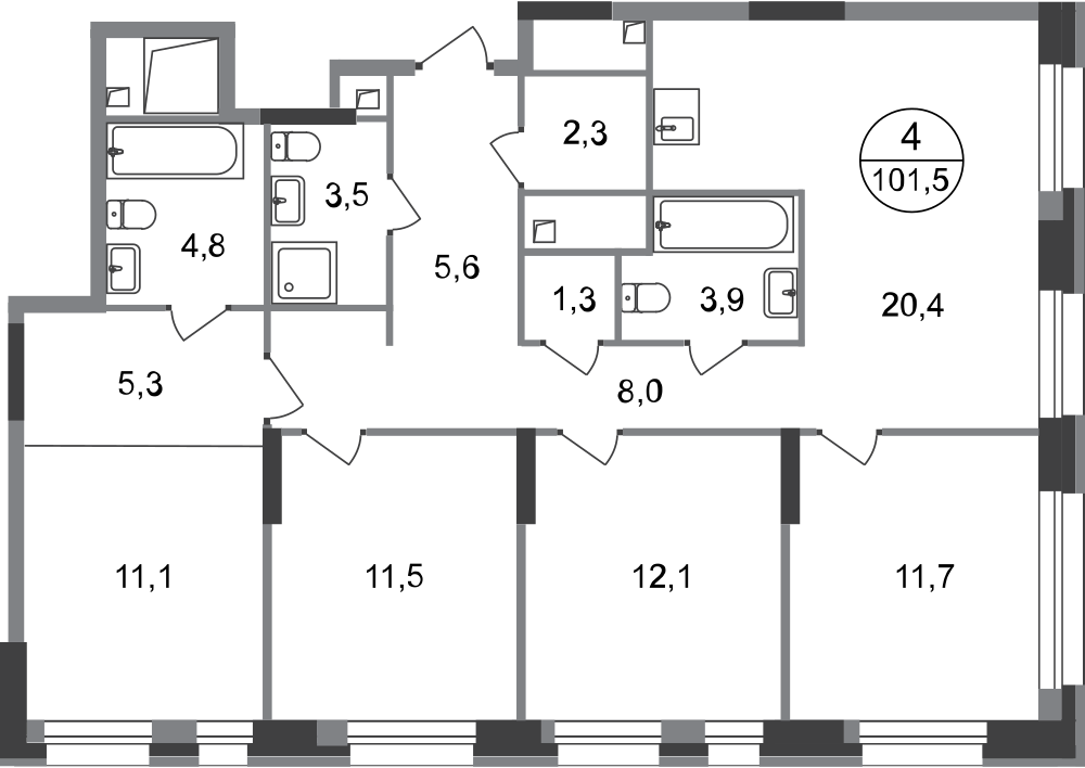 4 комн. квартира, 101.5 м², 19 этаж  (из 20)