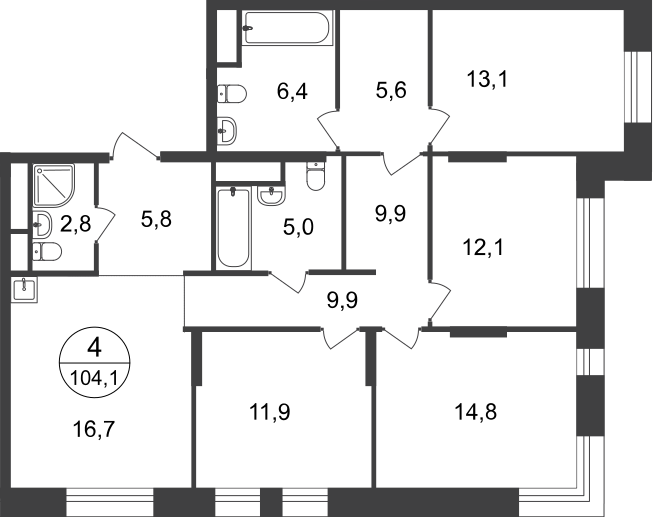 4 комн. квартира, 104.1 м², 21 этаж  (из 22)