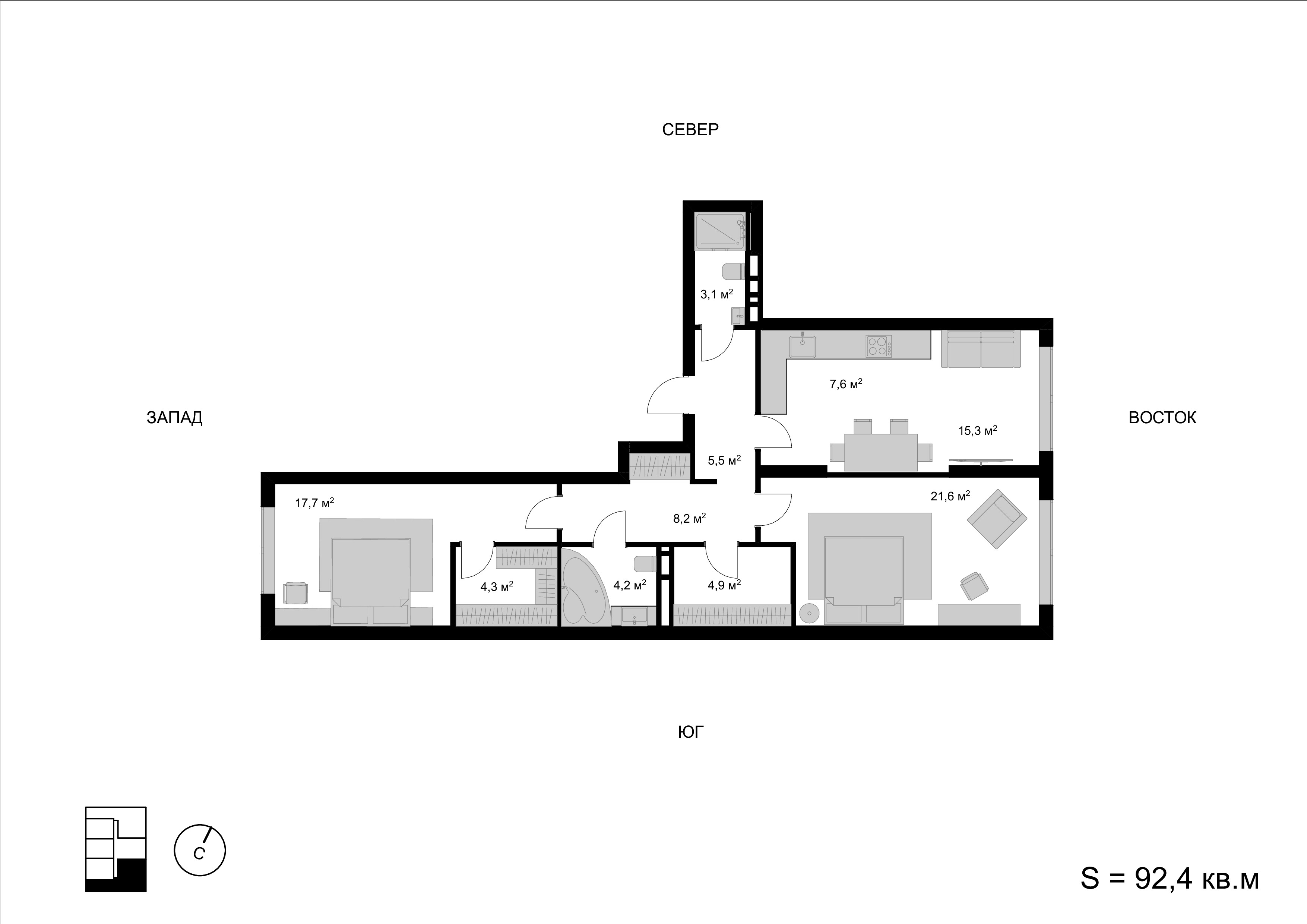 3 комн. квартира, 92.4 м², 2 этаж 