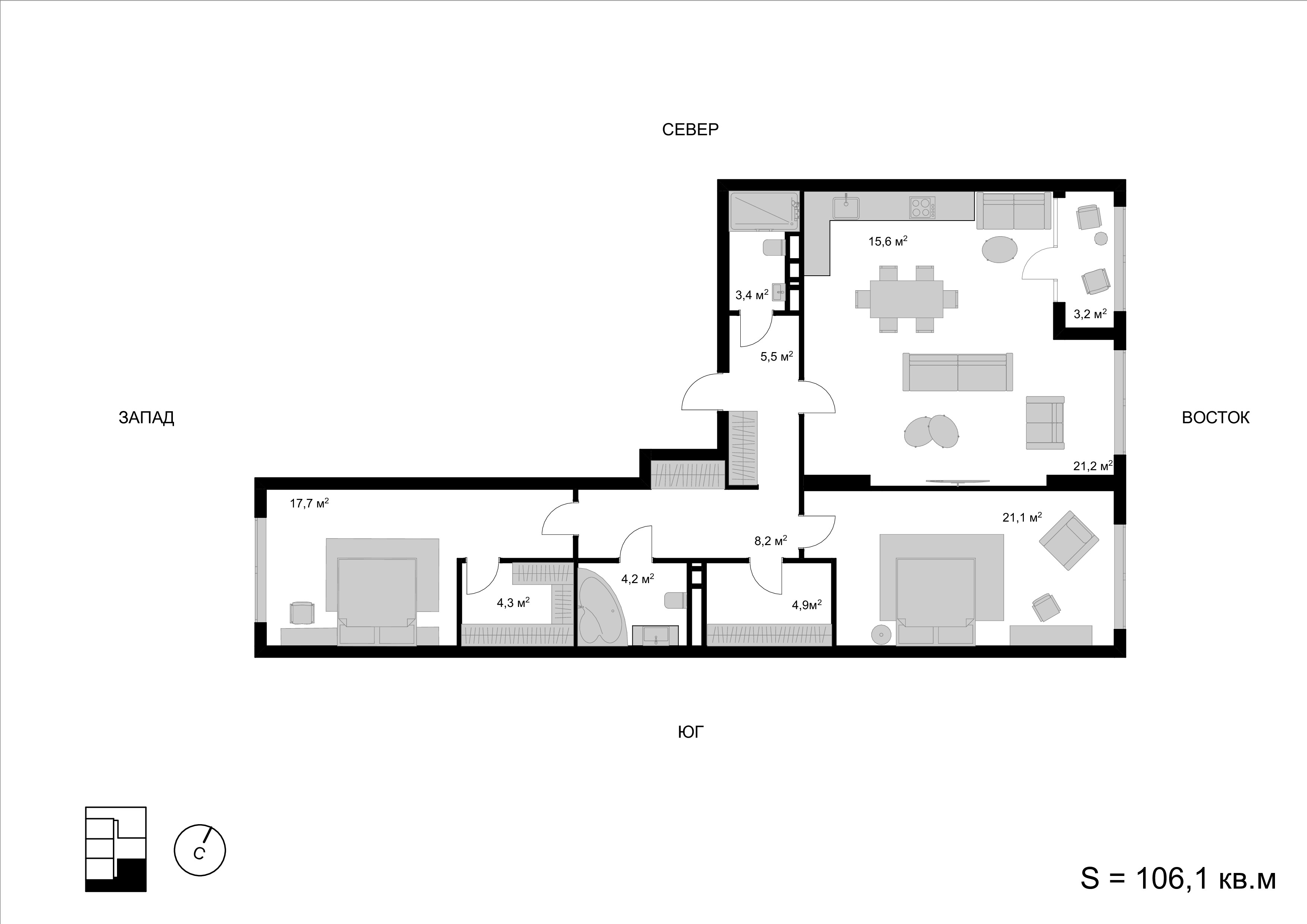 3 комн. квартира, 106.1 м², 3 этаж 