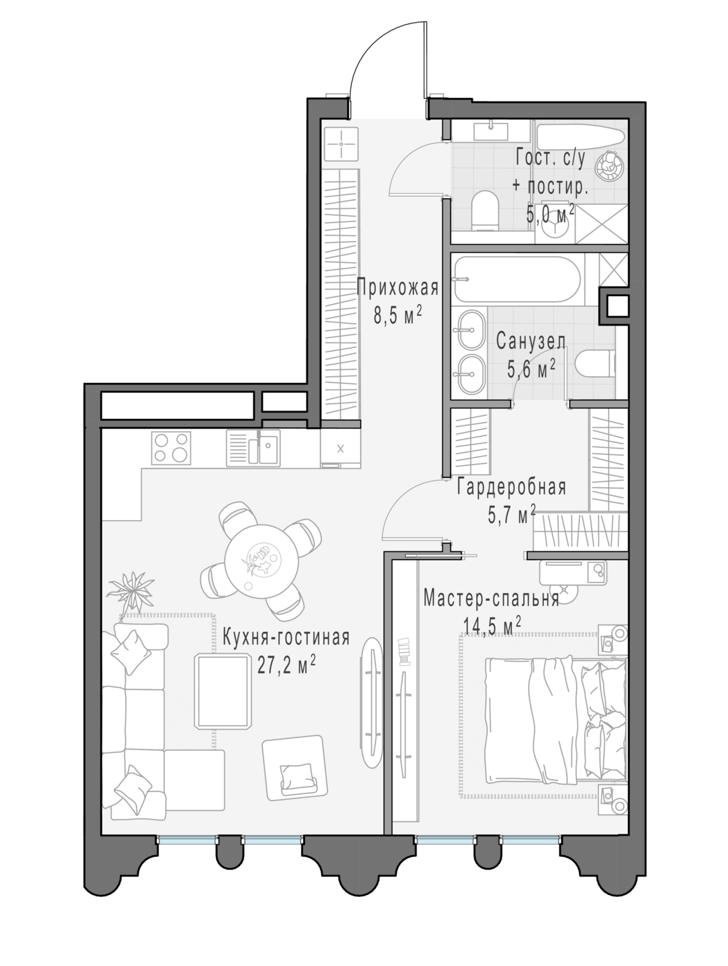 квартира со свободной планировкой, 66.5 м², 5 этаж 