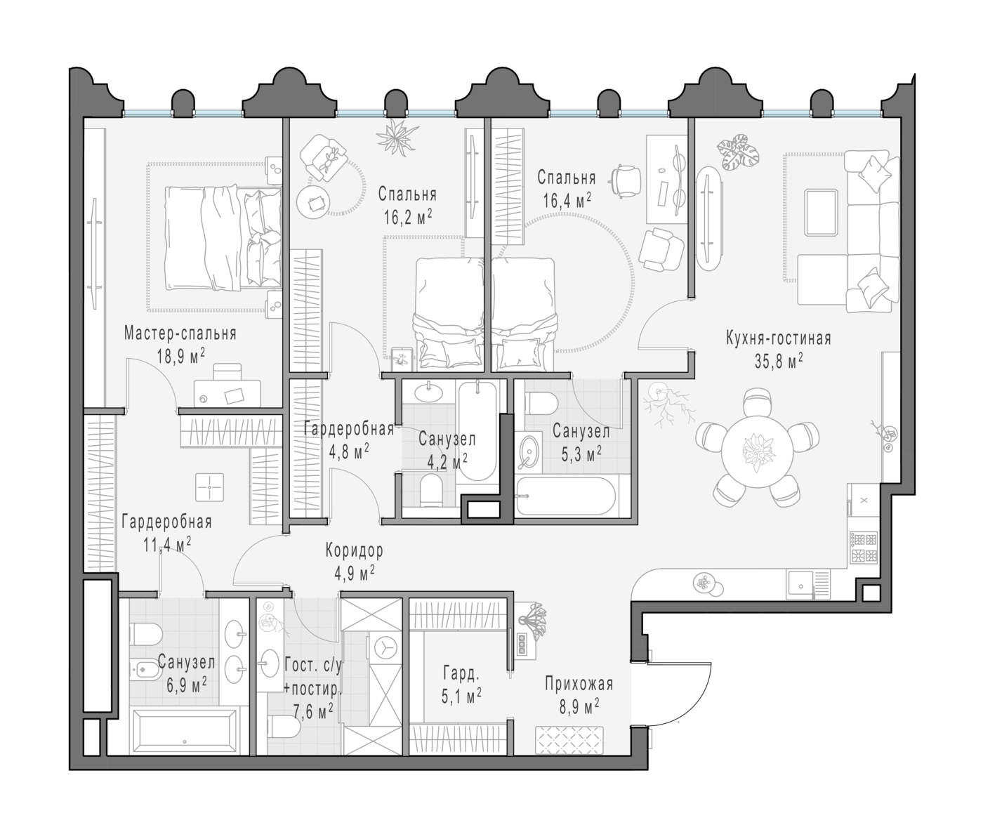 3 комн. квартира, 145.6 м², 5 этаж 