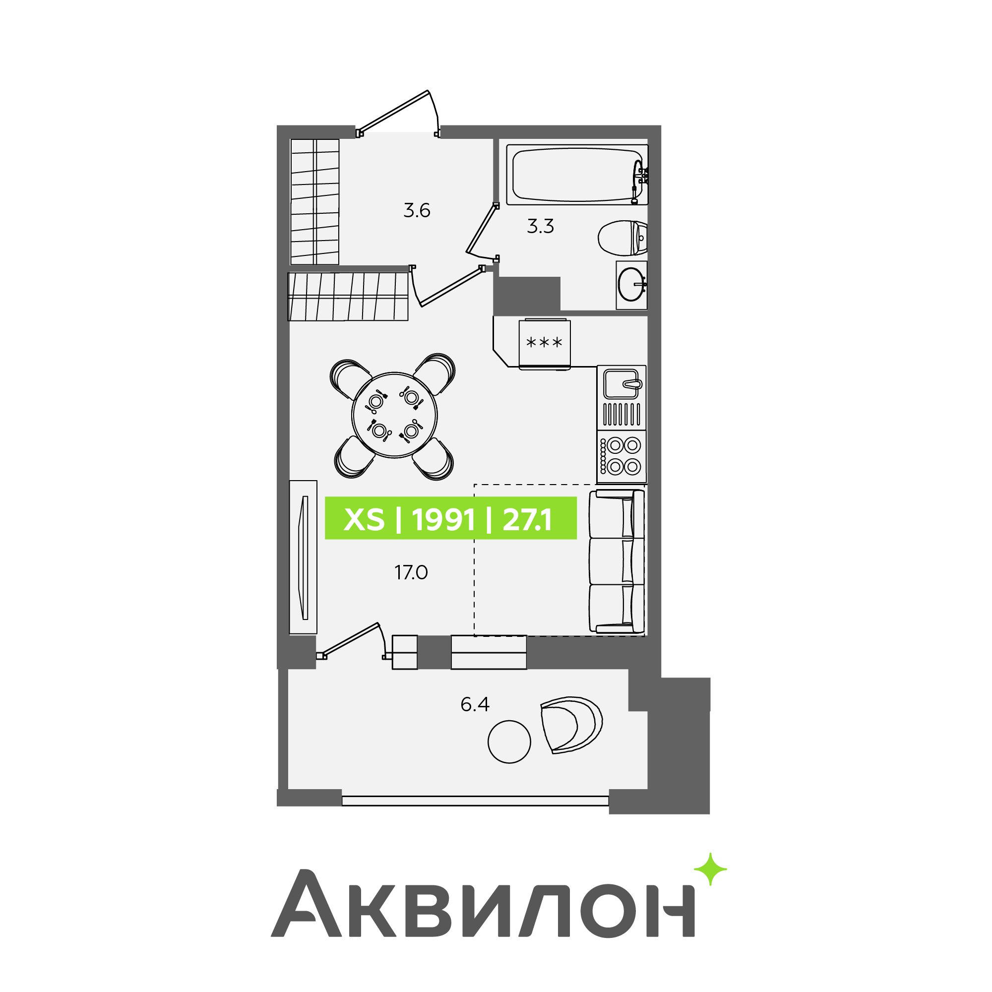 студия, 27.1 м², 3 этаж 