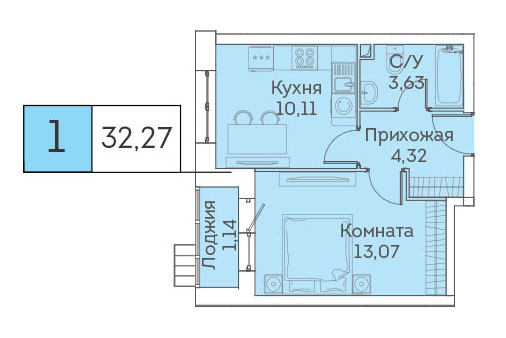 1 комн. квартира, 32.3 м², 2 этаж 