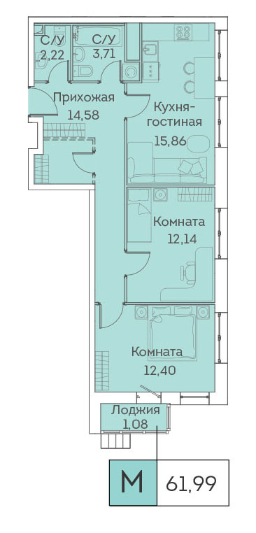 3 комн. квартира, 62 м², 23 этаж 