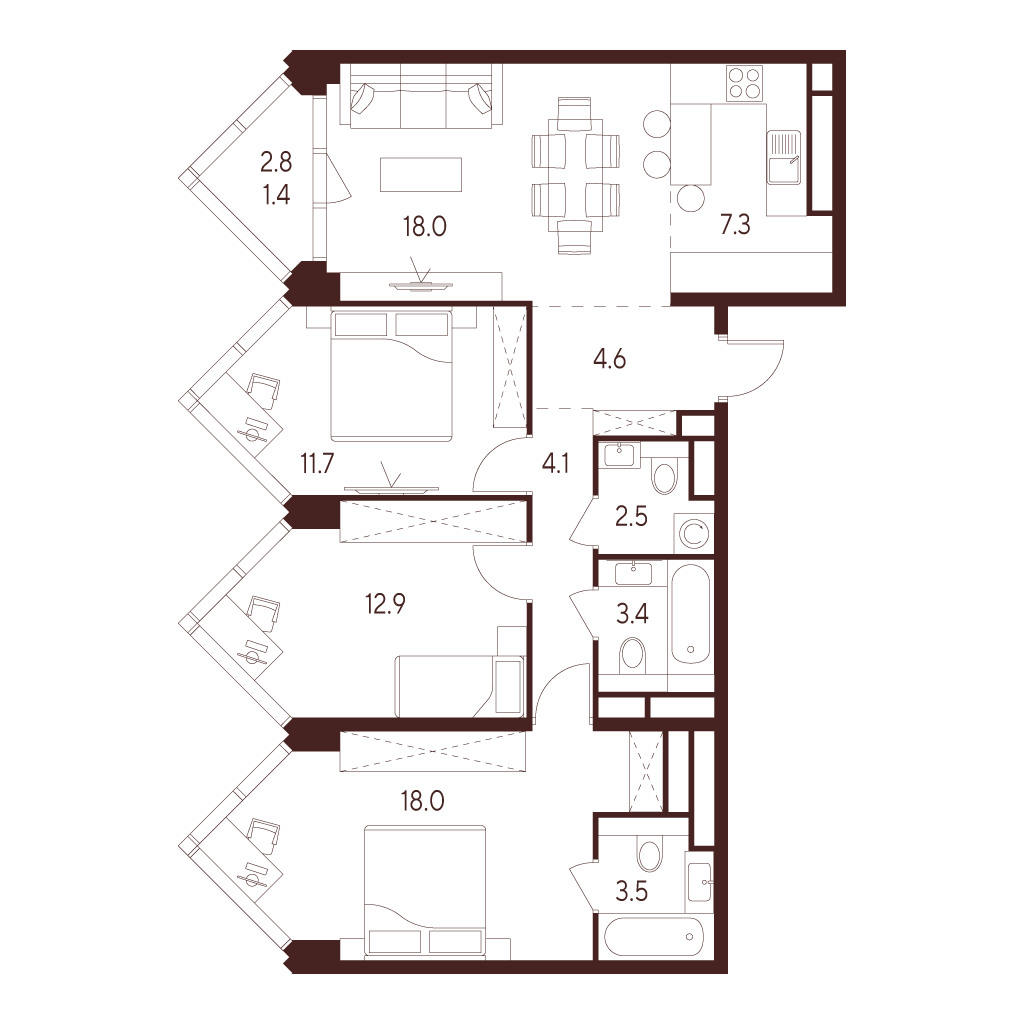 4 комн. квартира, 87.4 м², 28 этаж 