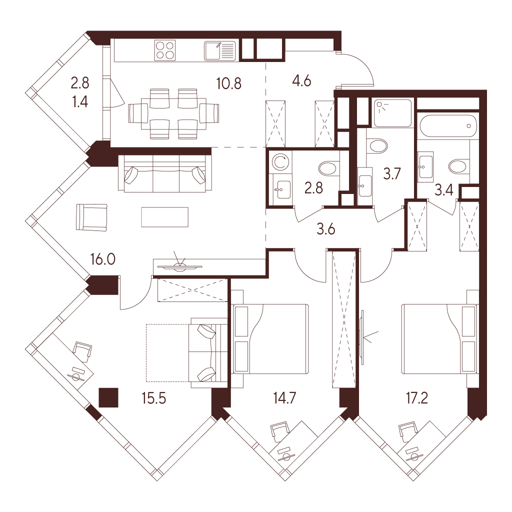 4 комн. квартира, 93.7 м², 28 этаж 