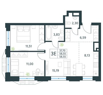 2 комн. квартира, 58.5 м², 13 этаж 