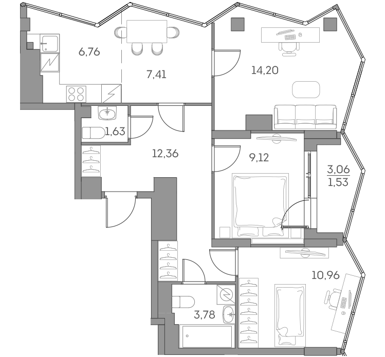 4 комн. квартира, 67.8 м², 23 этаж 