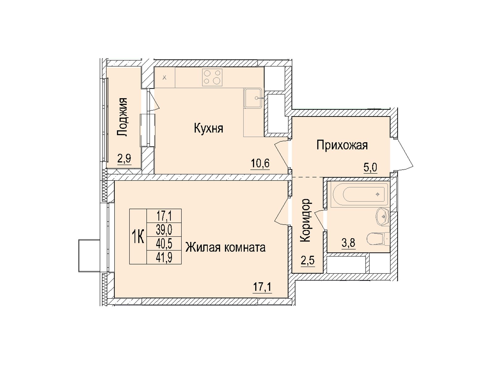 1 комн. квартира, 40.5 м², 3 этаж 