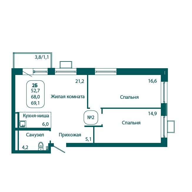 2 комн. квартира, 69.1 м², 6 этаж 