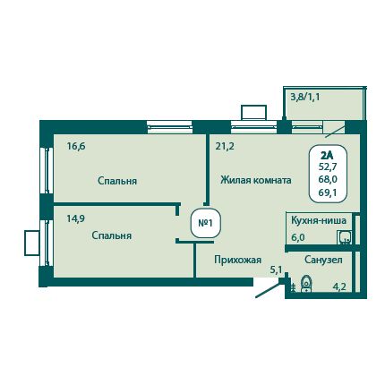 2 комн. квартира, 69.1 м², 4 этаж 