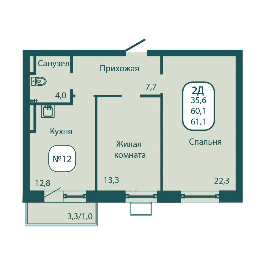 2 комн. квартира, 61.1 м², 15 этаж 