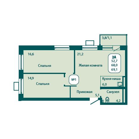 2 комн. квартира, 69.1 м², 11 этаж 