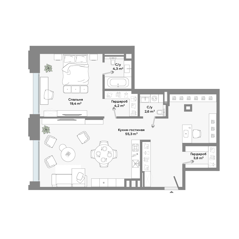квартира со свободной планировкой, 90 м², 5 этаж 