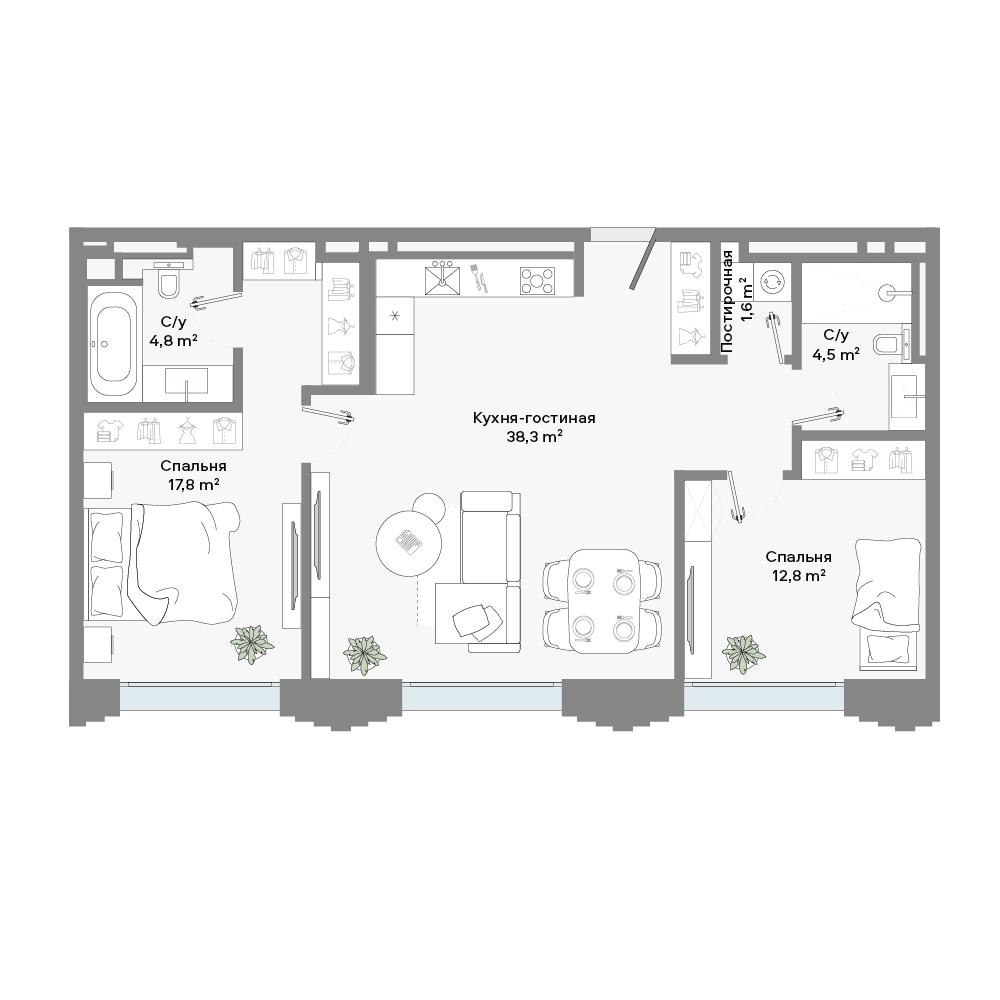 2 комн. квартира, 80 м², 6 этаж 