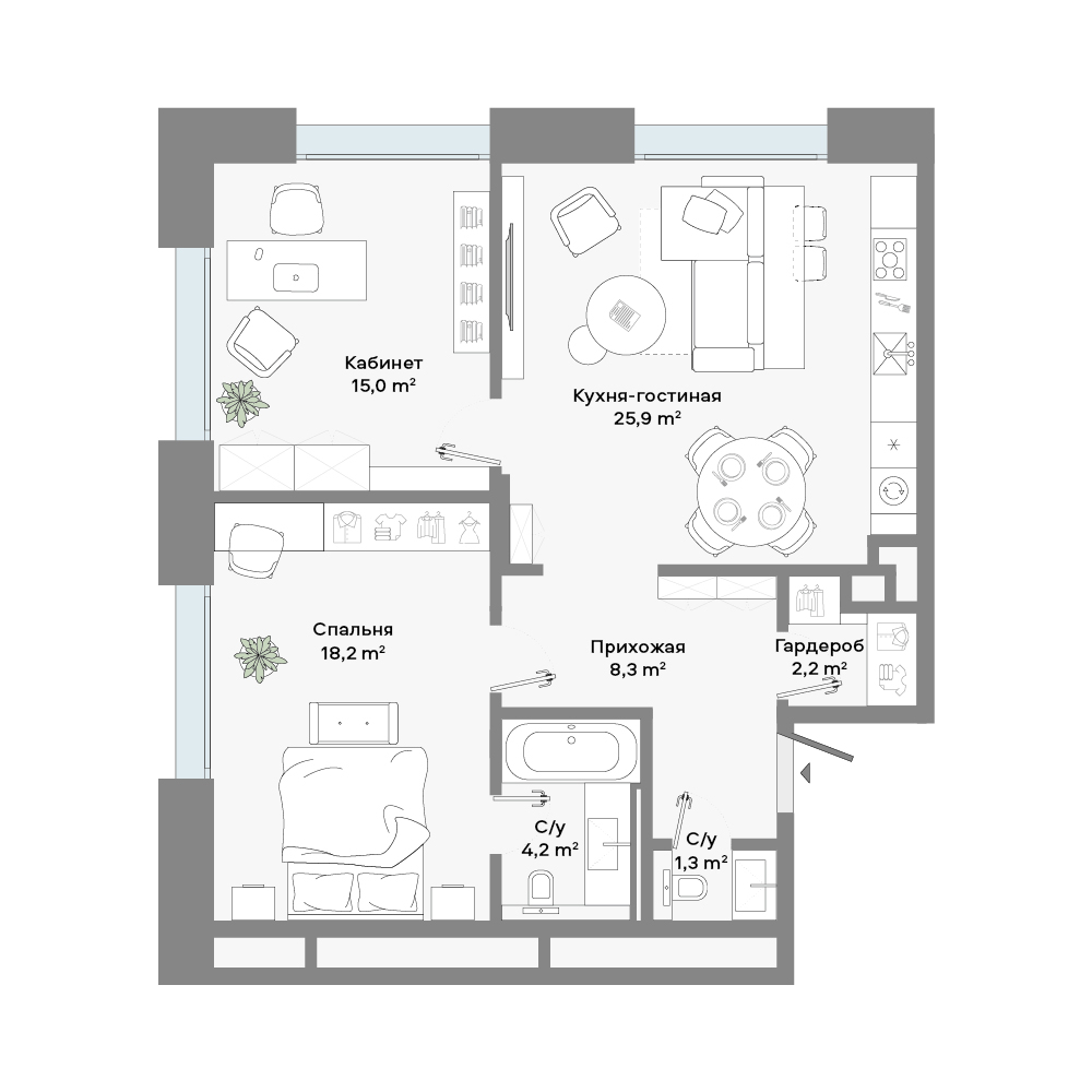 2 комн. квартира, 76 м², 2 этаж 