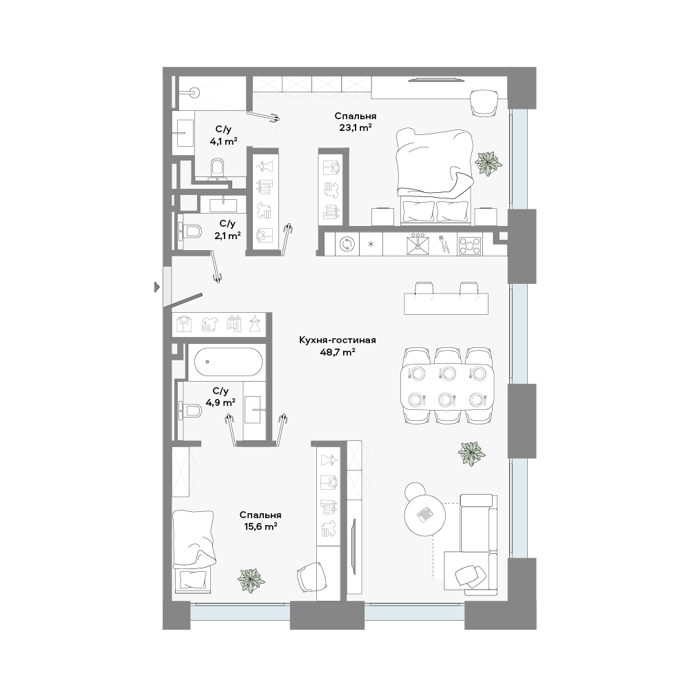 2 комн. квартира, 99 м², 2 этаж 