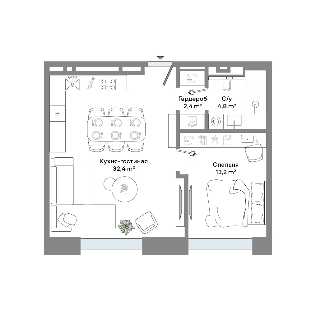 1 комн. квартира, 53 м², 2 этаж 