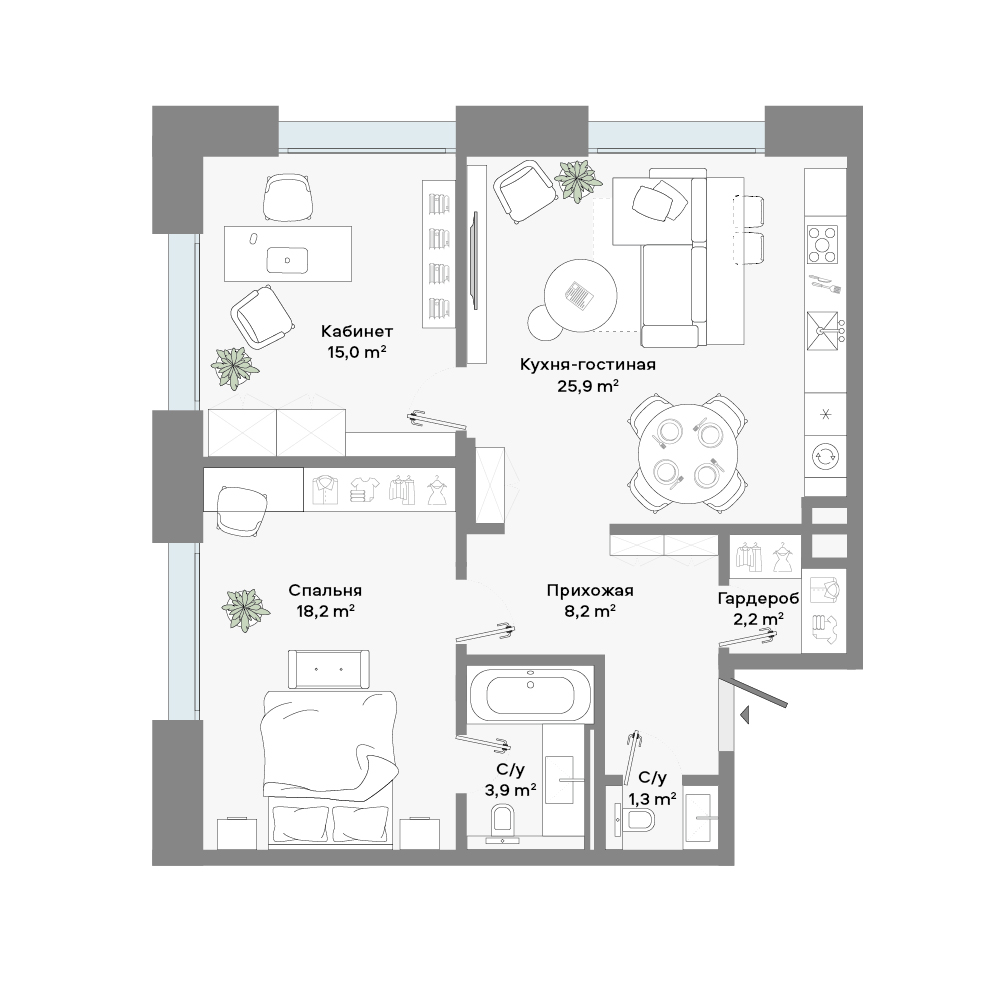2 комн. квартира, 75 м², 4 этаж 