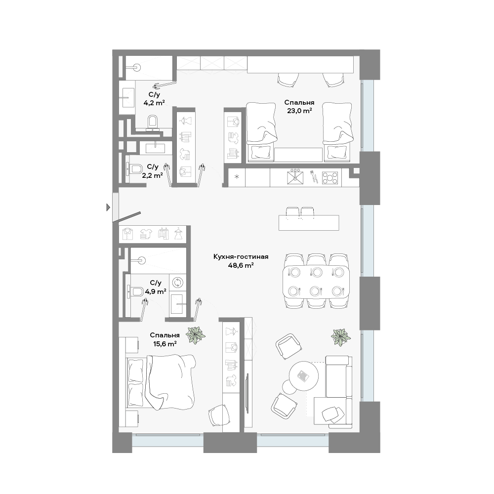 2 комн. квартира, 99 м², 4 этаж 