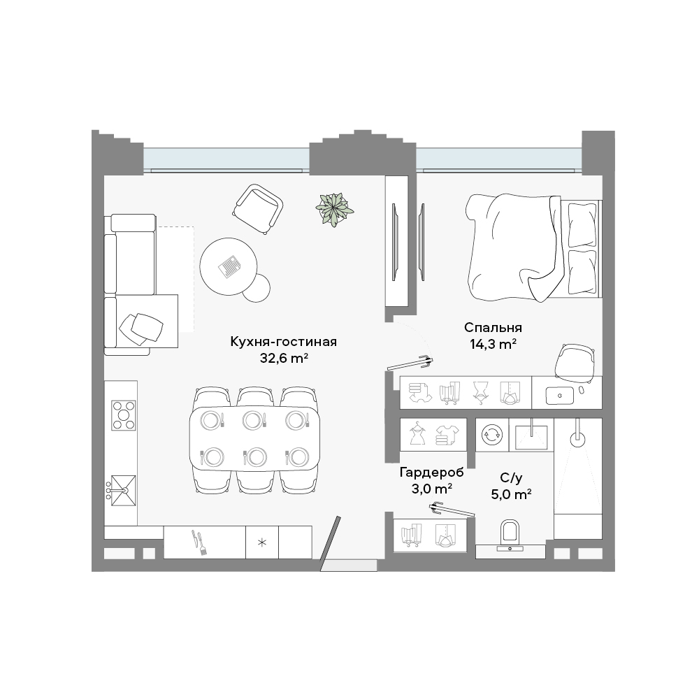 1 комн. квартира, 55 м², 6 этаж 