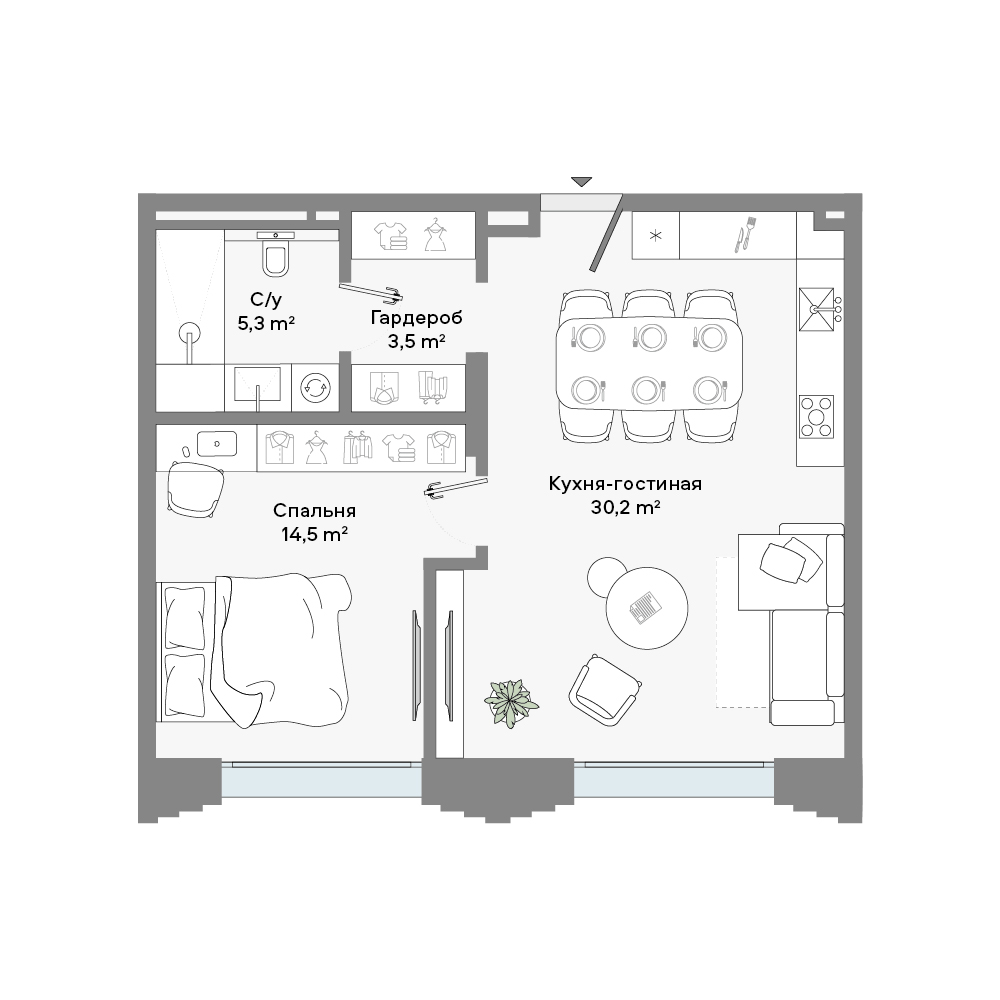 1 комн. квартира, 54 м², 6 этаж 
