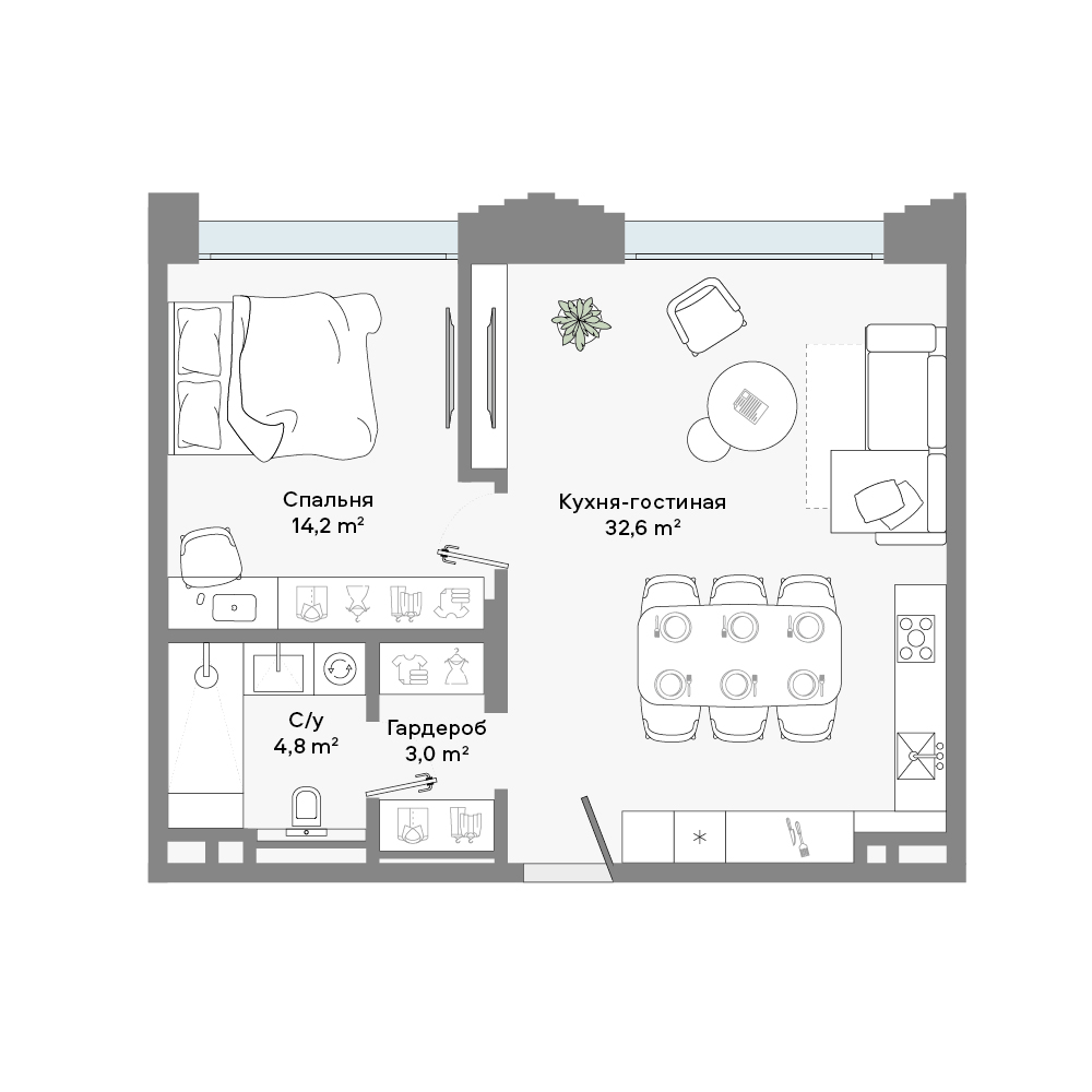 1 комн. квартира, 55 м², 6 этаж 
